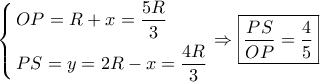 \left\{ \begin{gathered} 
  OP = R + x = \dfrac{{5R}}{3} \hfill \\ 
  PS = y = 2R - x = \dfrac{{4R}}{3} \hfill \\  
\end{gathered}  \right. \Rightarrow \boxed{\dfrac{{PS}}{{OP}} = \dfrac{4}{5}}
