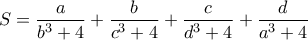 S=\dfrac{a}{b^3+4}+\dfrac{b}{c^3+4}+\dfrac{c}{d^3+4}+\dfrac{d}{a^3+4}