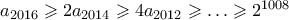 a_{2016} \geqslant 2a_{2014} \geqslant 4a_{2012} \geqslant \ldots  \geqslant 2^{1008}