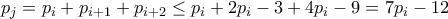 p_j=p_i+p_{i+1}+p_{i+2}\leq{p_i+2p_i-3+4p_i-9}=7p_i-12