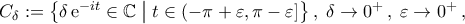 C_\delta:=\big\{\delta\,{\rm{e}}^{-it}\in{\mathbb{C}}\;\big|\; t\in(-\pi+\varepsilon,\pi-\varepsilon]\big\}\,, \;\delta\to0^{+}\,,\;\varepsilon\to0^+\,,