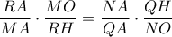 \dfrac{RA}{MA} \cdot \dfrac{MO}{RH}=\dfrac{NA}{QA} \cdot \dfrac{QH}{NO}
