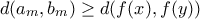 d(a_m,b_m) \geq d(f(x),f(y))