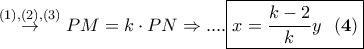 \overset{(1),(2),(3)}{\rightarrow} PM=k\cdot PN \Rightarrow.... \boxed{x=\frac{k-2}{k}y \ \ \bf(4)}