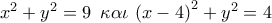 {x^2} + {y^2} = 9\,\,\,\kappa \alpha \iota \,\,{\left( {x - 4} \right)^2} + {y^2} = 4