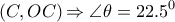 \displaystyle{\left( {C,OC} \right) \displaystyle{ \Rightarrow \angle \theta  = {22.5^0}}