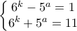 \left\{\begin{matrix}
6^{k}-5^{a}=1& \\
6^{k}+5^{a}=11&
\end{matrix}\right. \left\{\begin{matrix}
6^{k}-5^{a}=1& \\
6^{k}+5^{a}=11&
\end{matrix}\right.