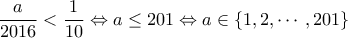 \displaystyle{ \frac{a}{2016} <\frac{1}{10} \Leftrightarrow a\leq201 \Leftrightarrow a \in  {\{1, 2 ,  \cdots, 201\}  }