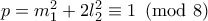 p=m_1^2+2l_2^2\equiv 1\pmod{8}