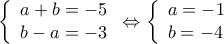  \displaystyle \left\{ \begin{array}{l} 
a + b =  - 5\\ 
b - a =  - 3 
\end{array} \right. \Leftrightarrow \left\{ \begin{array}{l} 
a =  - 1\\ 
b =  - 4 
\end{array} \right.