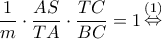 \displaystyle \frac{1}{m} \cdot \frac{{AS}}{{TA}} \cdot \frac{{TC}}{{BC}} = 1\mathop  \Leftrightarrow \limits^{(1)} 