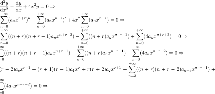 \\\displaystyle 
x\dfrac{\mathrm{d}^2 y}{\mathrm{d} x^2}-\dfrac{\mathrm{d} y}{\mathrm{d} x}+4x^2y&=0\Rightarrow\\ 
\displaystyle x\sum_{n=0}^{+\infty}(a_nx^{n+r})^{\prime\prime}-\sum_{n=0}^{+\infty}(a_nx^{n+r})^{\prime}+4x^2\sum_{n=0}^{+\infty}(a_nx^{n+r})&=0\Rightarrow\\ 
\displaystyle x\sum_{n=0}^{+\infty}((n+r)(n+r-1)a_nx^{n+r-2})-\sum_{n=0}^{+\infty}((n+r)a_nx^{n+r-1})+\sum_{n=0}^{+\infty}(4a_nx^{n+r+2})&=0\Rightarrow\\ 
\displaystyle \sum_{n=0}^{+\infty}((n+r)(n+r-1)a_nx^{n+r-1})-\sum_{n=0}^{+\infty}((n+r)a_nx^{n+r-1})+\sum_{n=0}^{+\infty}(4a_nx^{n+r+2})&=0\Rightarrow\\ 
\displaystyle r(r-2)a_ox^{r-1}+(r+1)(r-1)a_1x^{r}+r(r+2)a_2x^{r+1}+\sum_{n=3}^{+\infty}((n+r)(n+r-2)a_{n+3}x^{n+r-1})+\sum_{n=0}^{+\infty}(4a_nx^{n+r+2})&=0\Rightarrow\\\\