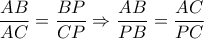 \dfrac{AB}{AC}=\dfrac{BP}{CP}\Rightarrow\dfrac{AB}{PB}=\dfrac{AC}{PC}