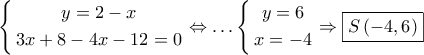\left\{ \begin{gathered} 
  y = 2 - x \\  
  3x + 8 - 4x - 12 = 0 \\  
\end{gathered}  \right. \Leftrightarrow  \ldots \left\{ \begin{gathered} 
  y = 6 \\  
  x =  - 4 \\  
\end{gathered}  \right. \Rightarrow \boxed{S\left( { - 4,6} \right)}