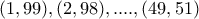 (1,99), (2,98),....,(49,51)
