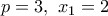 p=3, \ x_1=2