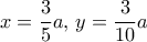 x=\dfrac {3}{5}a, \,y= \dfrac {3}{10}a