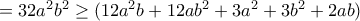 = 32a^{2}b^{2} \geq (12a^{2}b + 12ab^{2} +3a^{2} +3b^{2} +2ab)