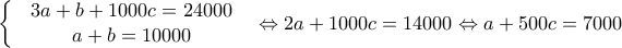 \left\{\begin{matrix} &3a+b+1000c=24000 & \\ & a+b=10000 & \end{matrix}\right.\Leftrightarrow 2a+1000c=14000\Leftrightarrow a+500c=7000