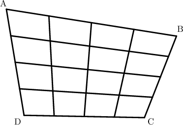 \begin{tikzpicture}[line cap=round,line join=round,>=triangle 45,x=1.0cm,y=1.0cm] 
\clip(-2.62,-1.9) rectangle (6.36,4.46); 
\draw [line width=1.6pt] (-1.58,3.58)-- (-0.82,-1.); 
\draw [line width=1.6pt] (-0.82,-1.)-- (4.36,-1.1); 
\draw [line width=1.6pt] (4.36,-1.1)-- (5.74,2.42); 
\draw [line width=1.6pt] (5.74,2.42)-- (-1.58,3.58); 
\draw [line width=1.6pt] (0.25,3.29)-- (0.475,-1.025); 
\draw [line width=1.6pt] (1.77,-1.05)-- (2.08,3.); 
\draw [line width=1.6pt] (3.91,2.71)-- (3.065,-1.075); 
\draw [line width=1.6pt] (-1.01,0.145)-- (4.705,-0.22); 
\draw [line width=1.6pt] (5.05,0.66)-- (-1.2,1.29); 
\draw [line width=1.6pt] (-1.39,2.435)-- (5.395,1.54); 
\draw (-2.,4.1) node[anchor=north west] {A}; 
\draw (5.62,3) node[anchor=north west] {B}; 
\draw (4.35,-0.99) node[anchor=north west] {C}; 
\draw (-1.38,-0.99) node[anchor=north west] {D}; 
\end{tikzpicture}